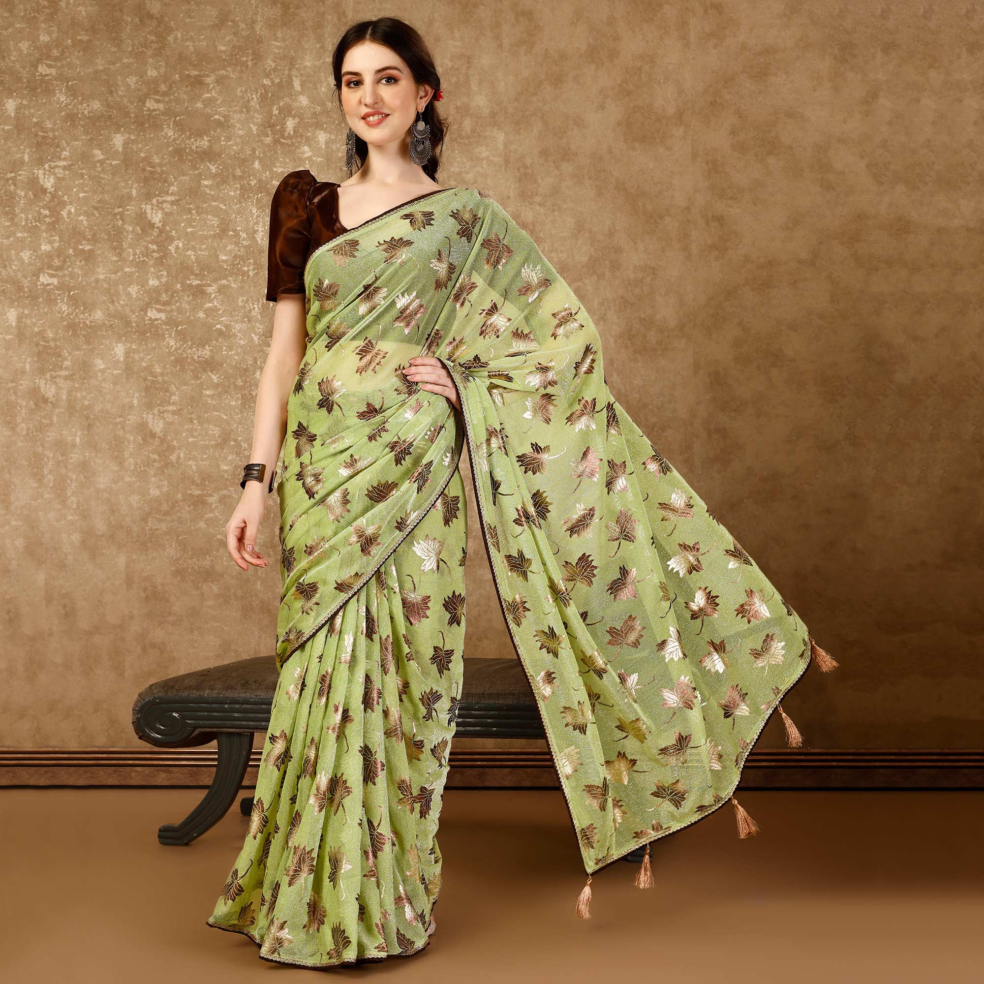 Green Foil Printed Lycra Ready To Wear Saree
