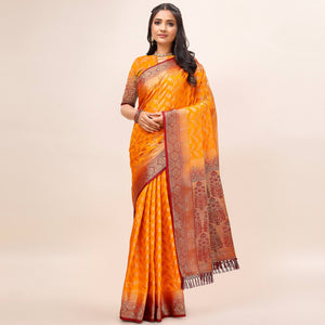 Orange Woven Dola Silk Saree With Tassels