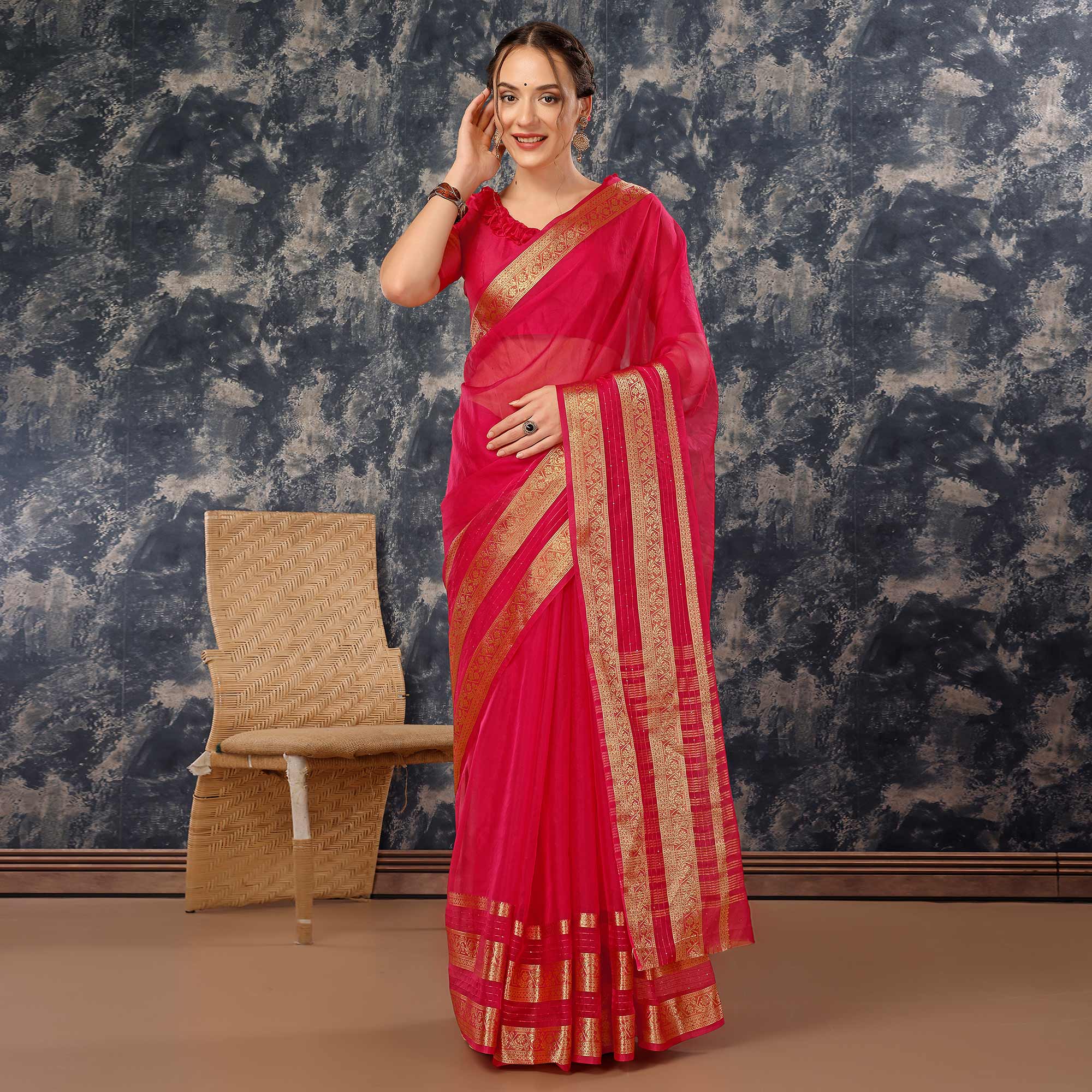 Pink Floral Zari Woven Organza Saree