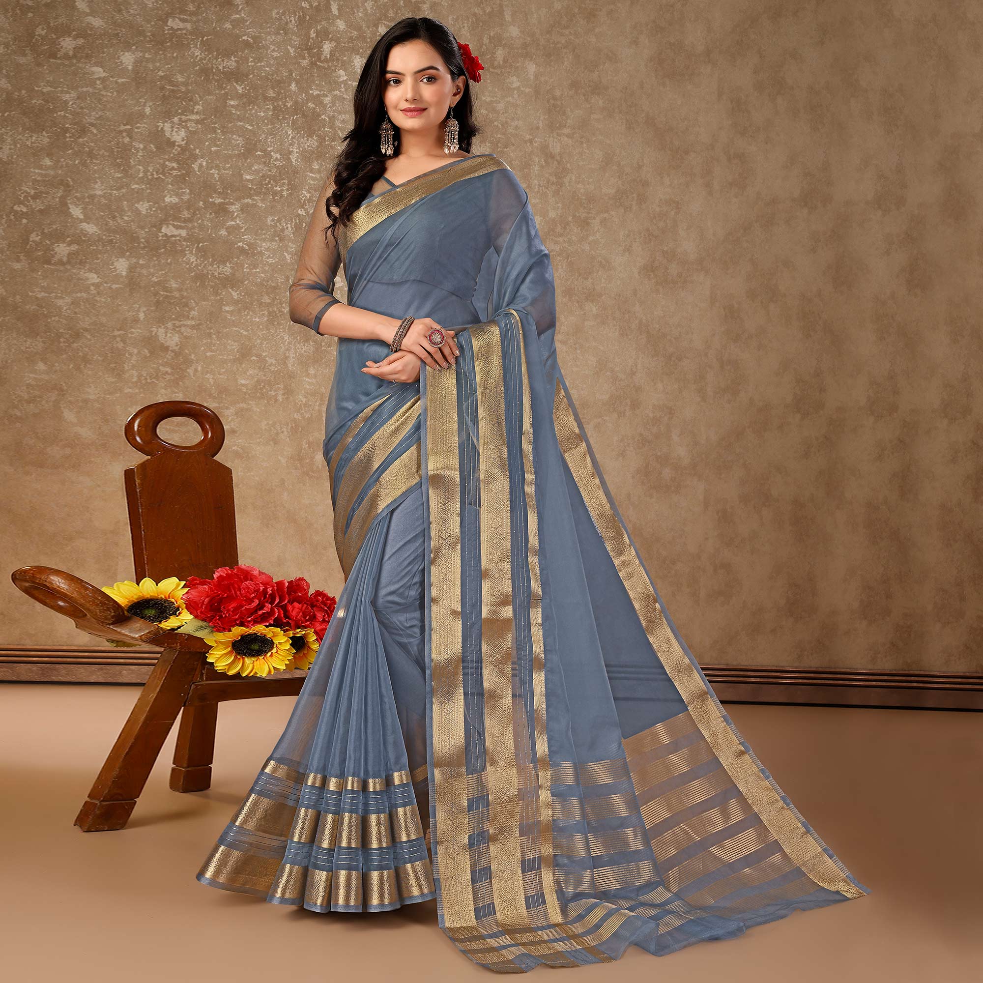 Grey Floral Zari Woven Organza Saree