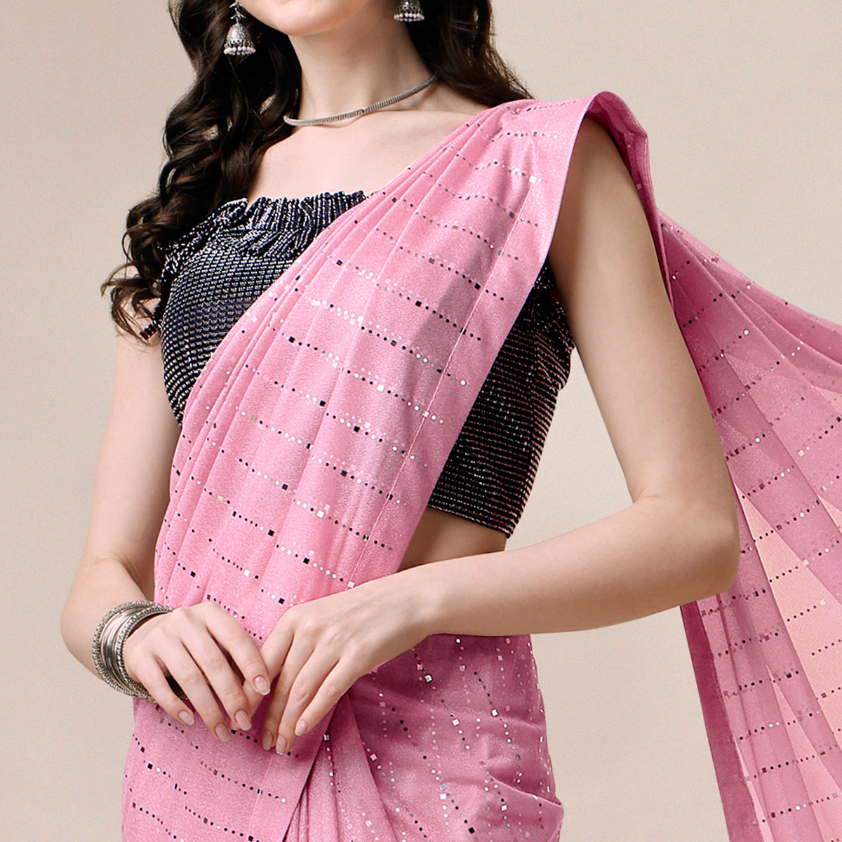 Onion Pink Striped Foil Printed Rayon Saree