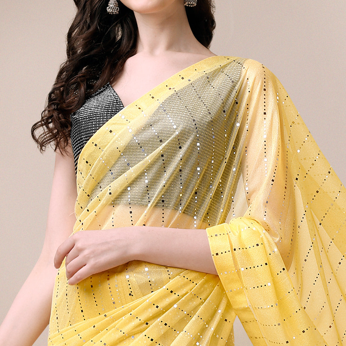 Yellow Striped Foil Printed Rayon Saree