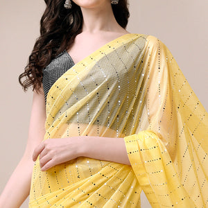 Yellow Striped Foil Printed Rayon Saree