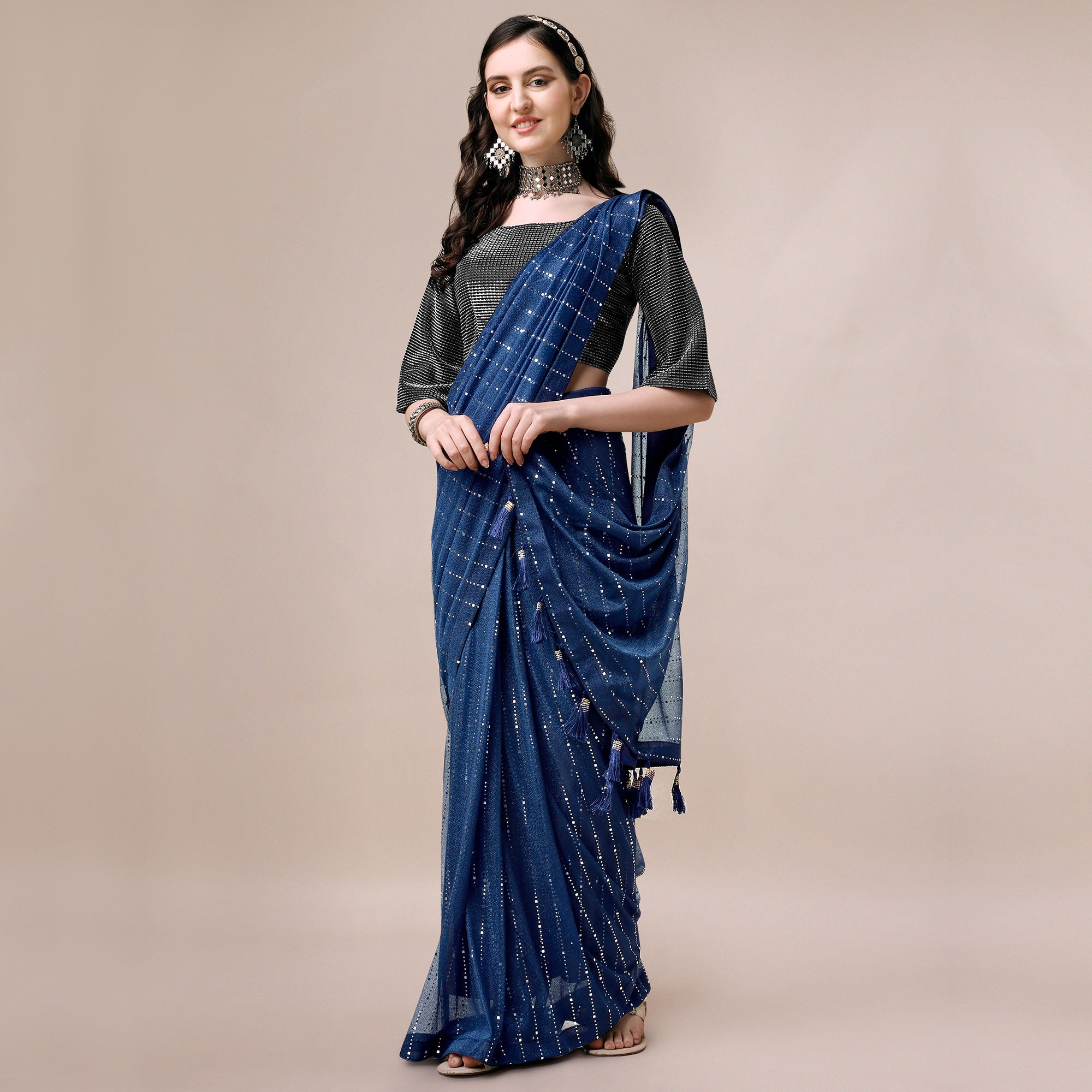 Blue Striped Foil Printed Rayon Saree