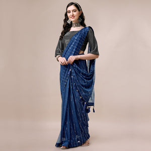 Blue Striped Foil Printed Rayon Saree