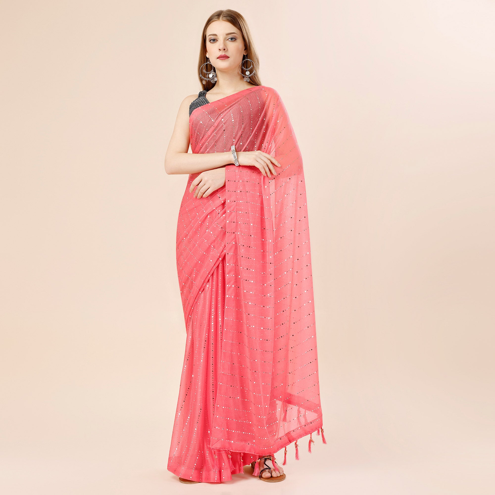 Pink Tikki Work Lycra Saree With Embroidered Border