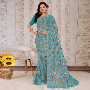 Blue Foil Printed Lycra Saree With Embroidered Lace Border