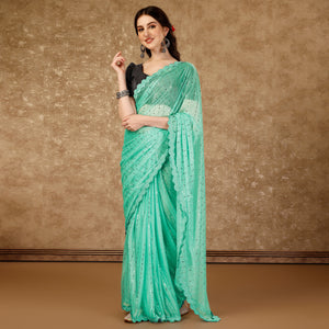 Sea Green Tikali With Swarovski Work Lycra Ready To Wear Saree