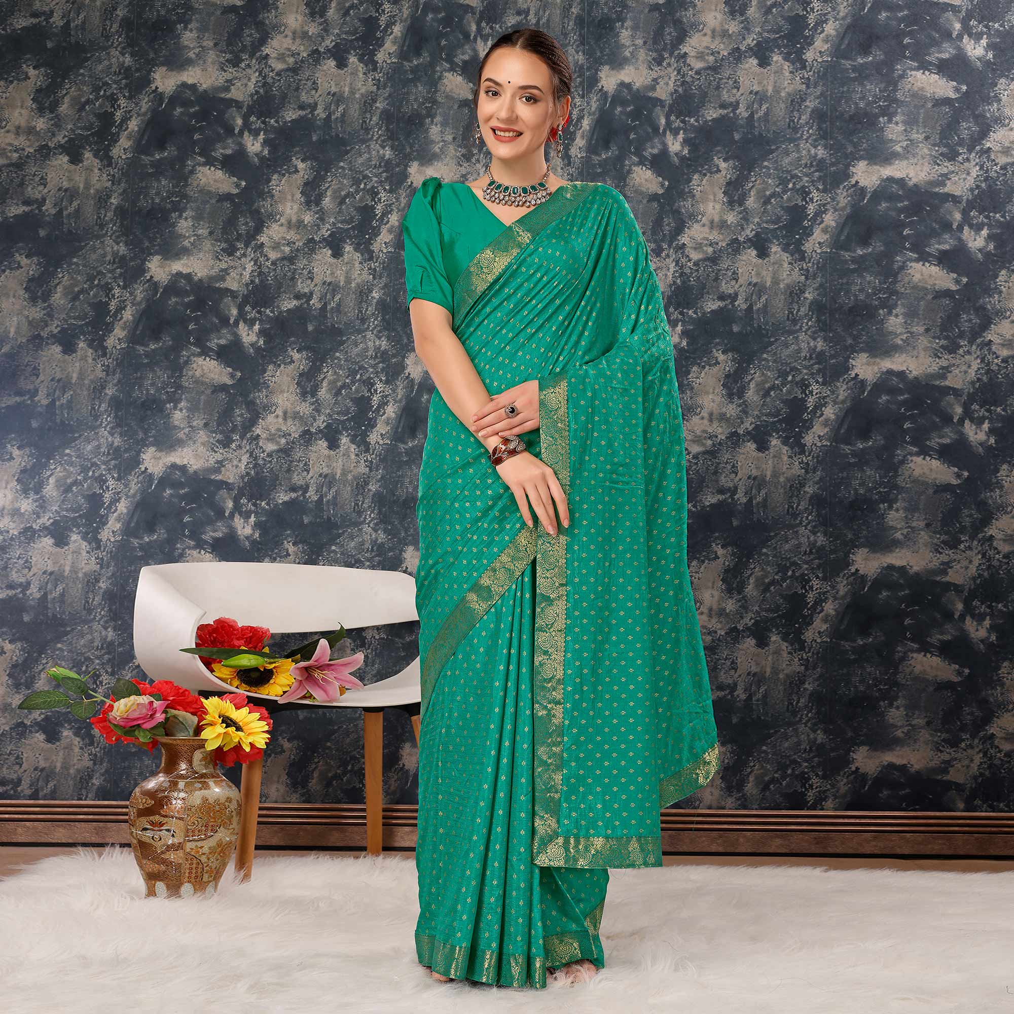 Rama Green Floral Foil Printed Vichitra Silk Saree With Lace Border