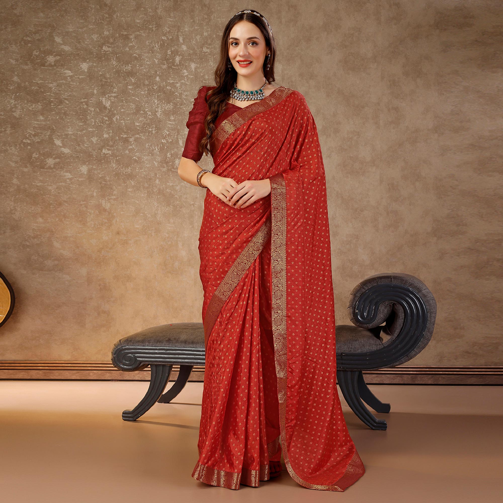 Rust Floral Foil Printed Vichitra Silk Saree With Lace Border