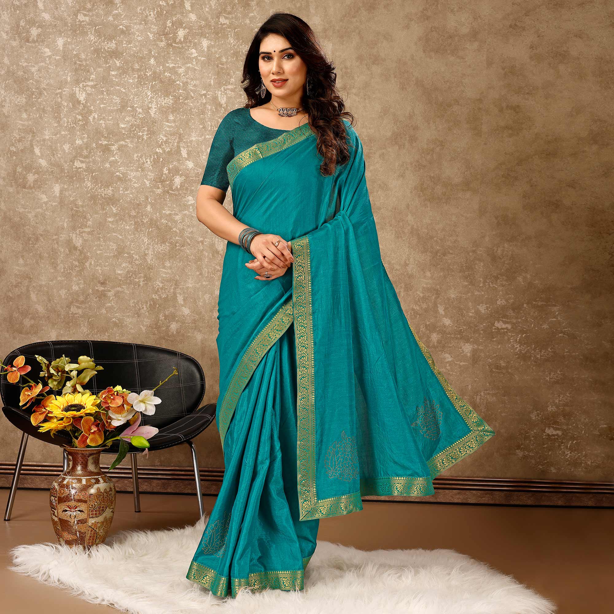 Blue Floral Swarovski Work Vichitra Silk Saree With Lace Border
