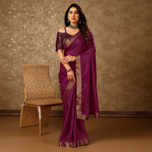Purple Floral Swarovski Work Vichitra Silk Saree With Lace Border