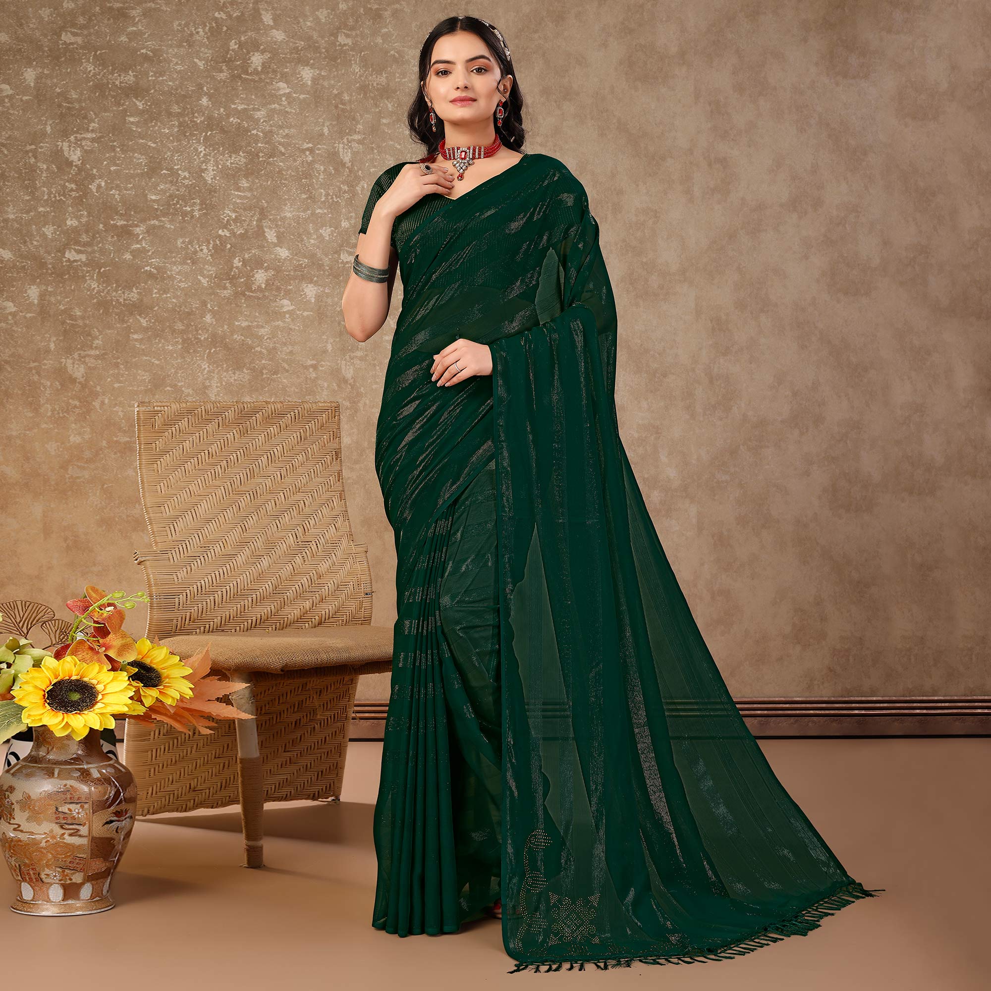 Green Swarovski Work Chiffon Saree With Tassels