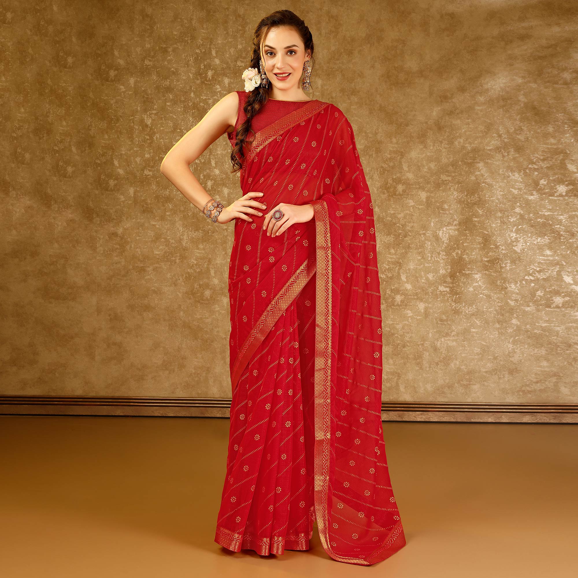 Red Floral Foil Printed Chiffon Saree With Lace Border
