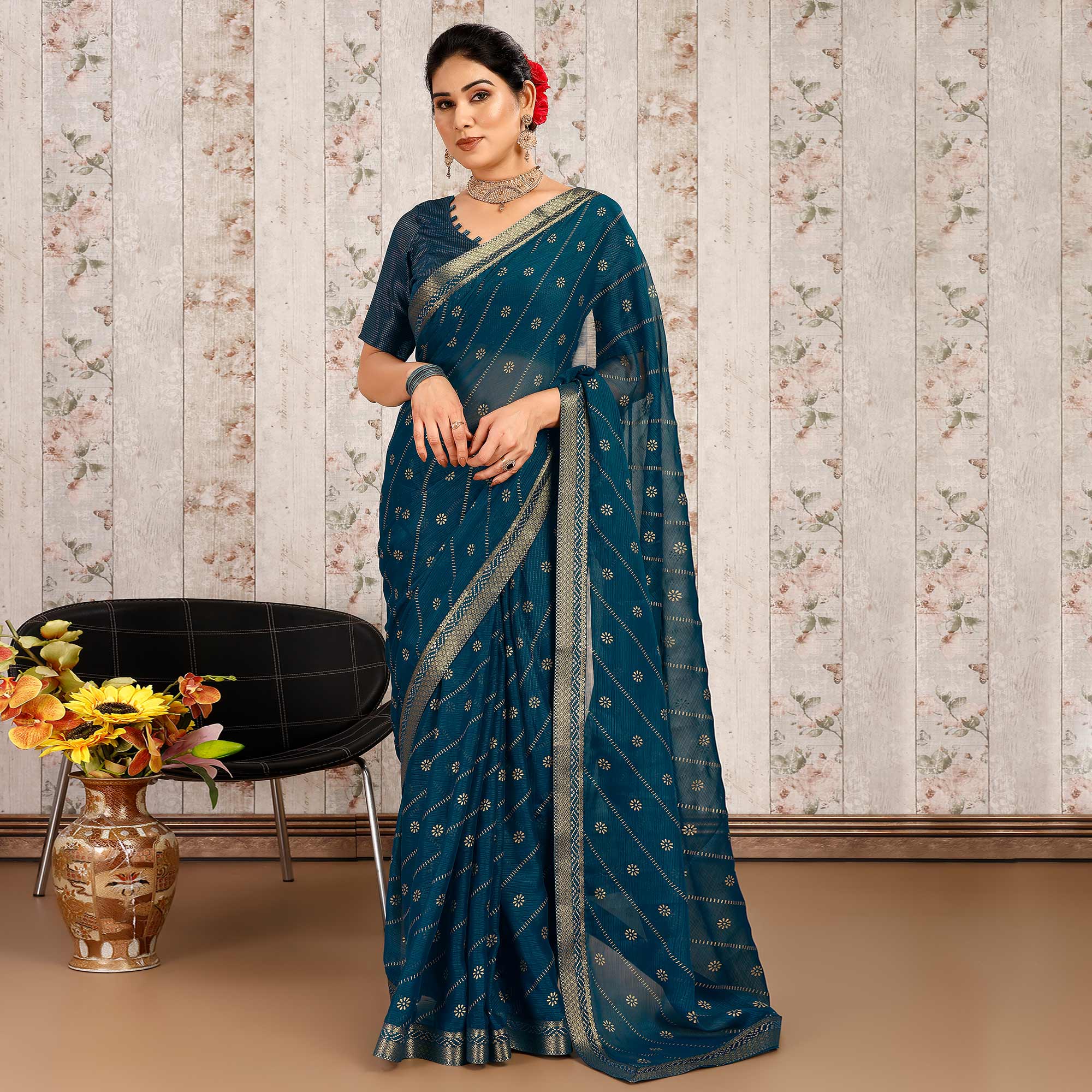 Blue Floral Foil Printed Chiffon Saree With Lace Border