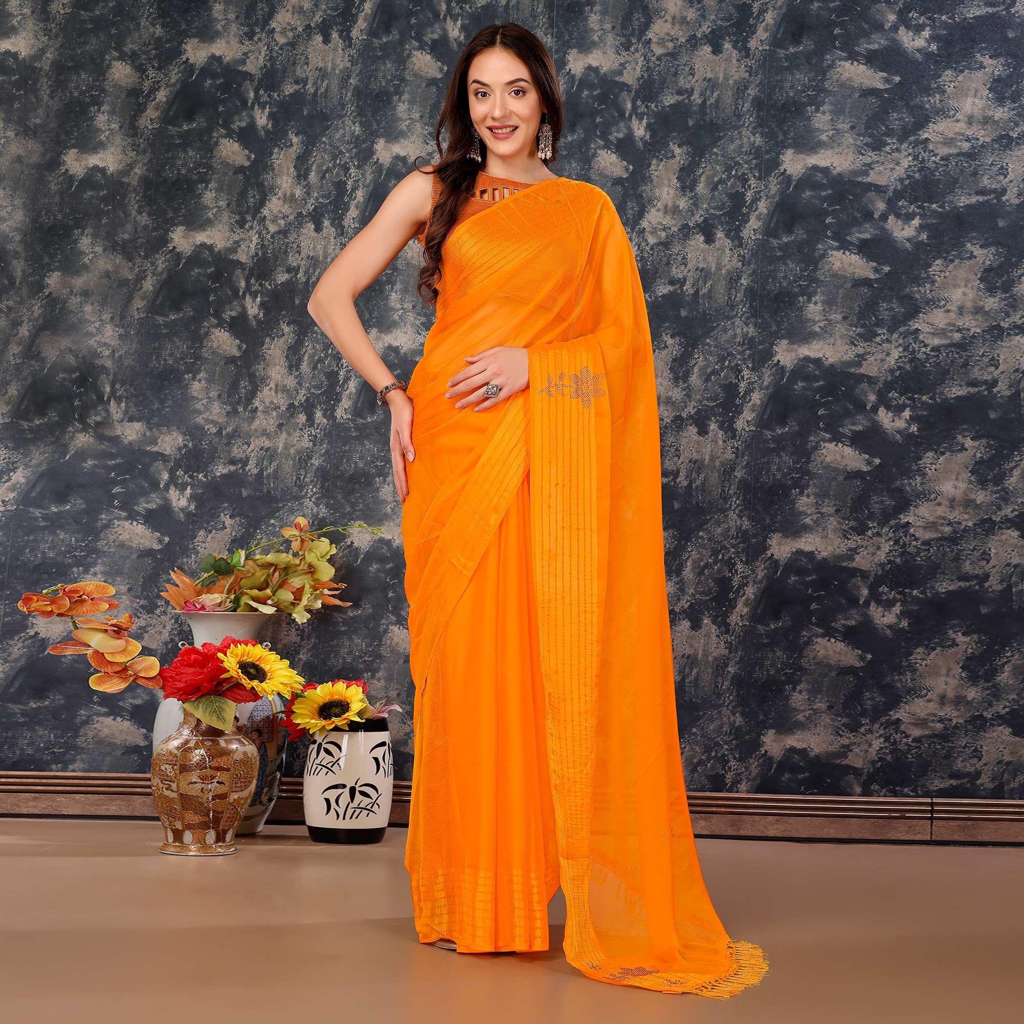 Orange Swarovski Work Chiffon Saree With Woven Border