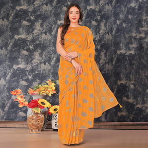 Mustard Foil Printed Chiffon Saree With Gota Patti Lace Border