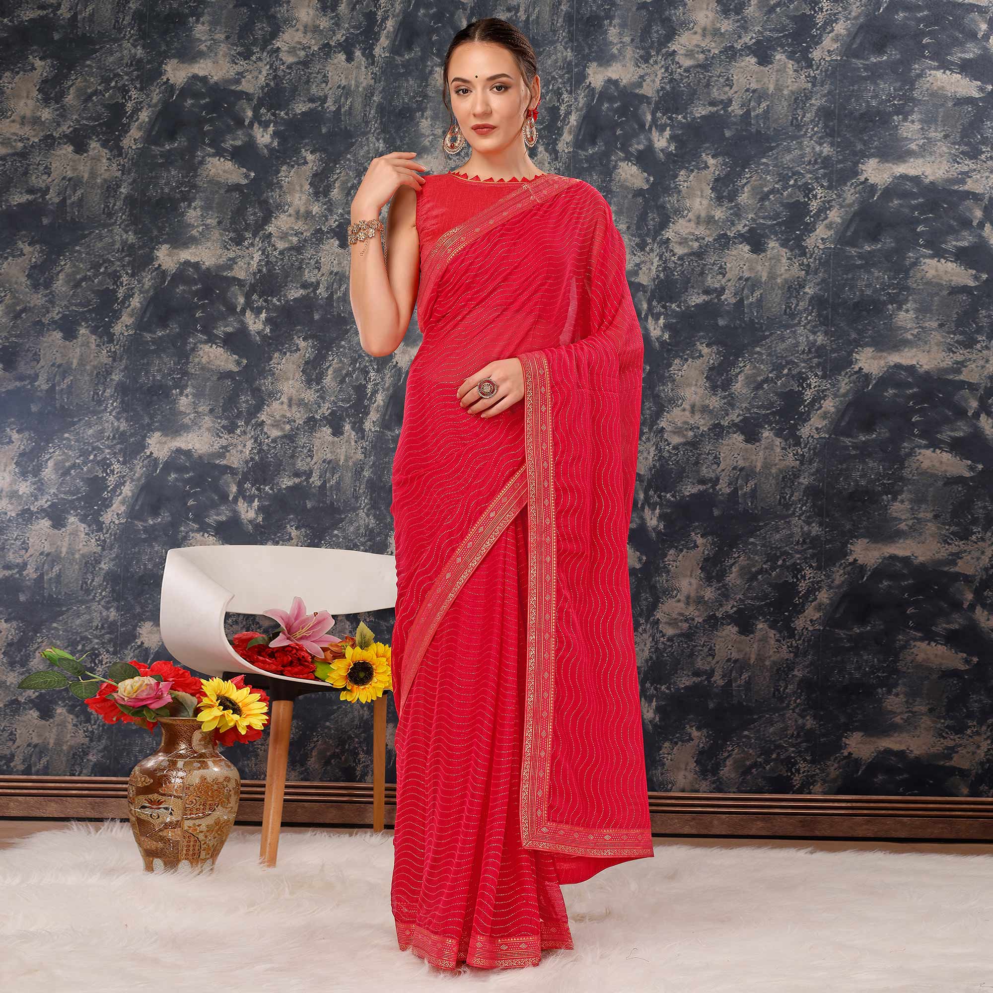 Pink Zari Embroidery Chiffon Saree With Lace Border