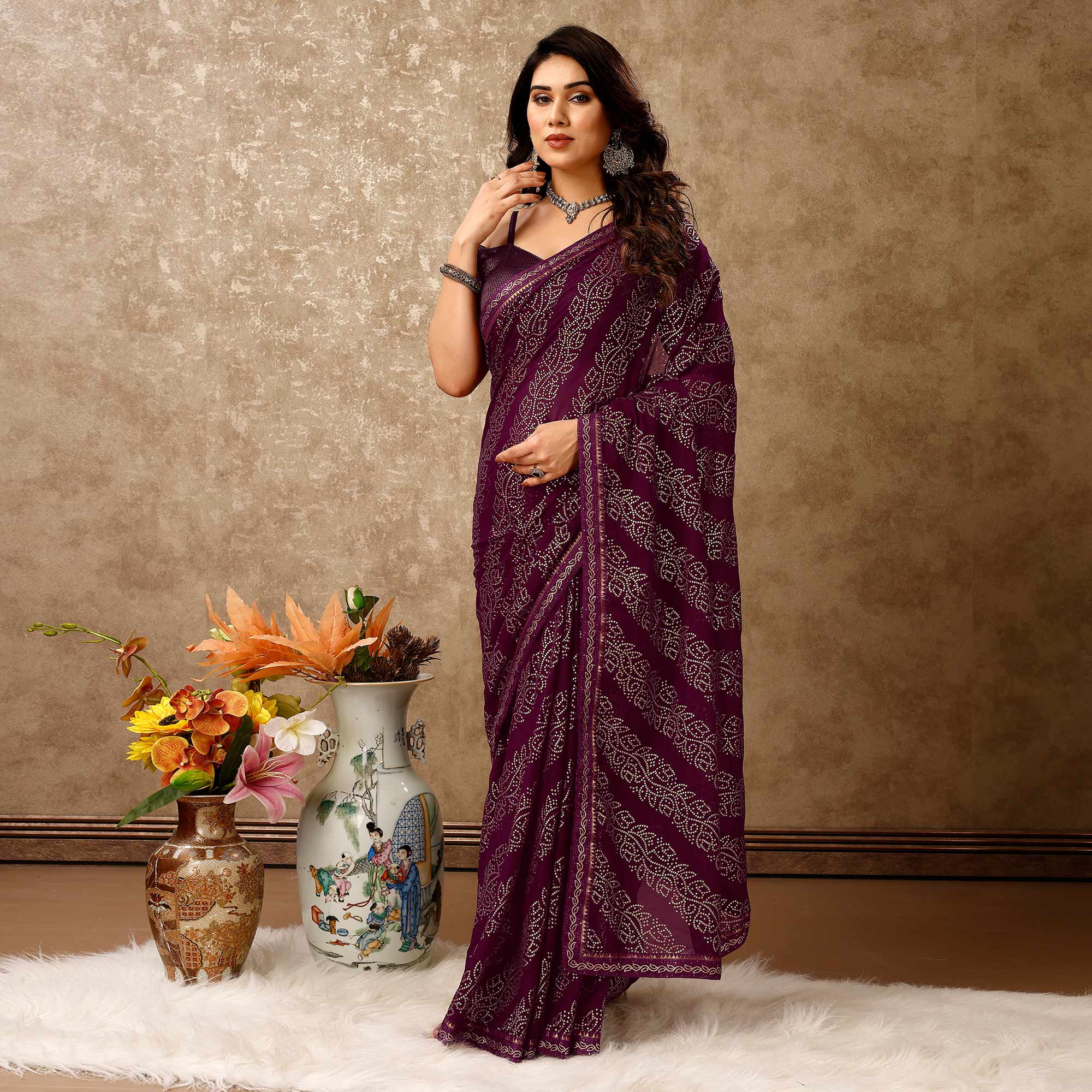 Purple Bandhani Foil Printed Chiffon Saree With Lace Border