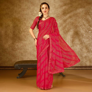 Pink Bandhani Foil Printed Chiffon Saree With Lace Border