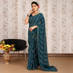 Blue Bandhani Foil Printed Chiffon Saree With Lace Border