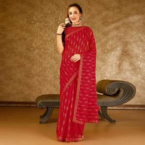 Red Foil Printed Chiffon Saree With Lace Border