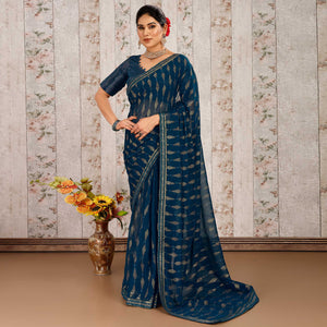 Blue Foil Printed Chiffon Saree With Lace Border