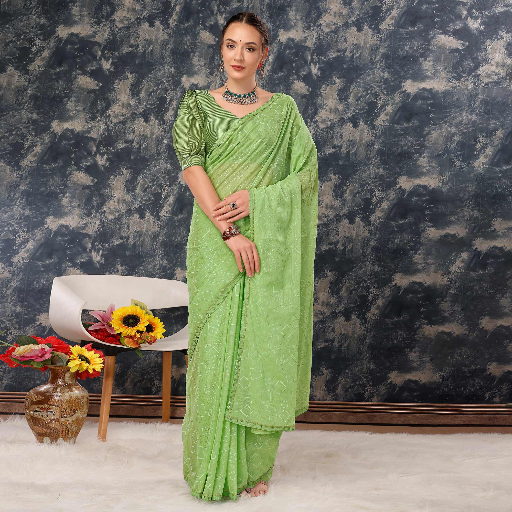 Green Printed With Zari Work Chiffon Saree With Lace Border