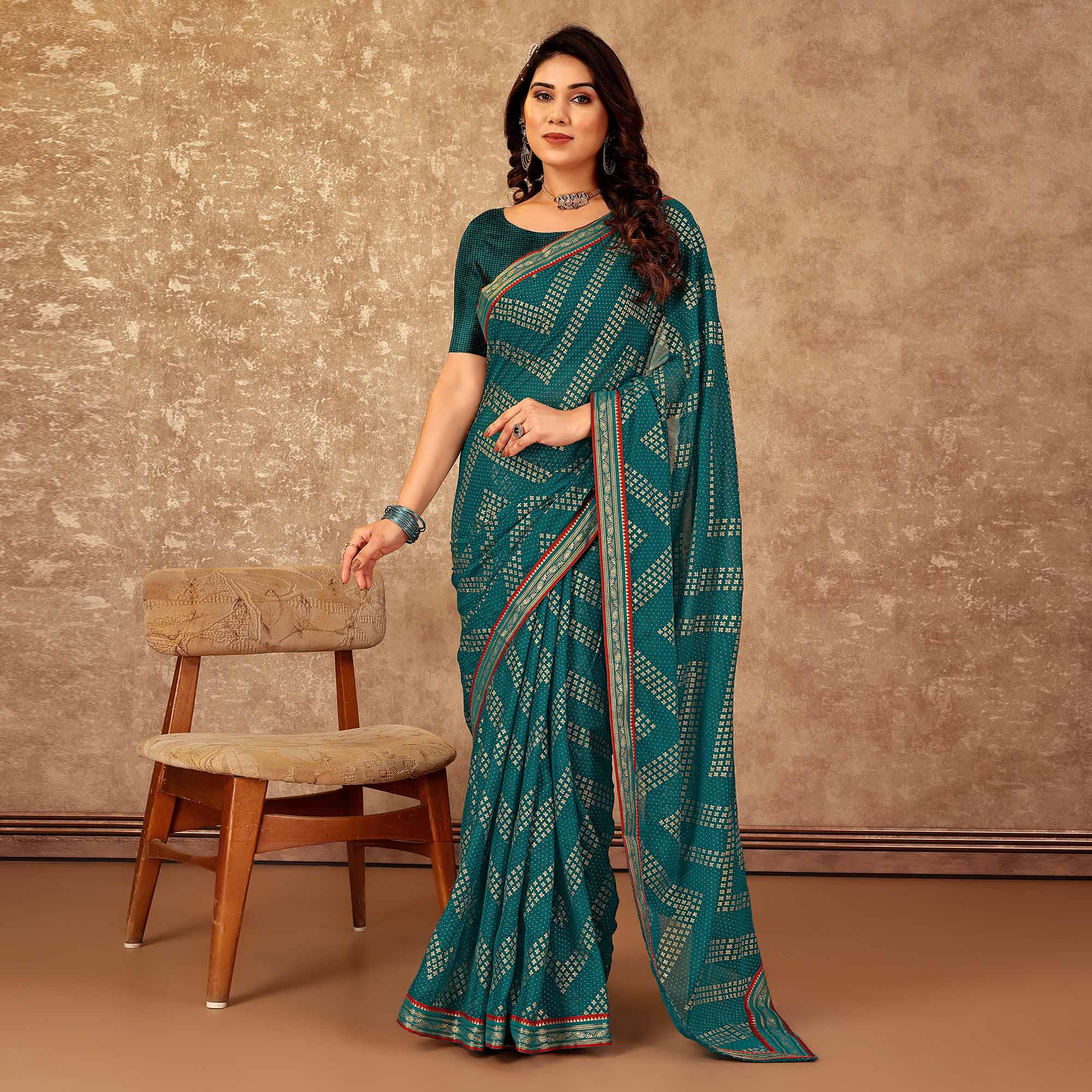 Teal Foil Printed Chiffon Saree With Lace Border