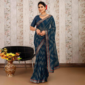 Blue Foil Printed Chiffon Saree With Lace Border