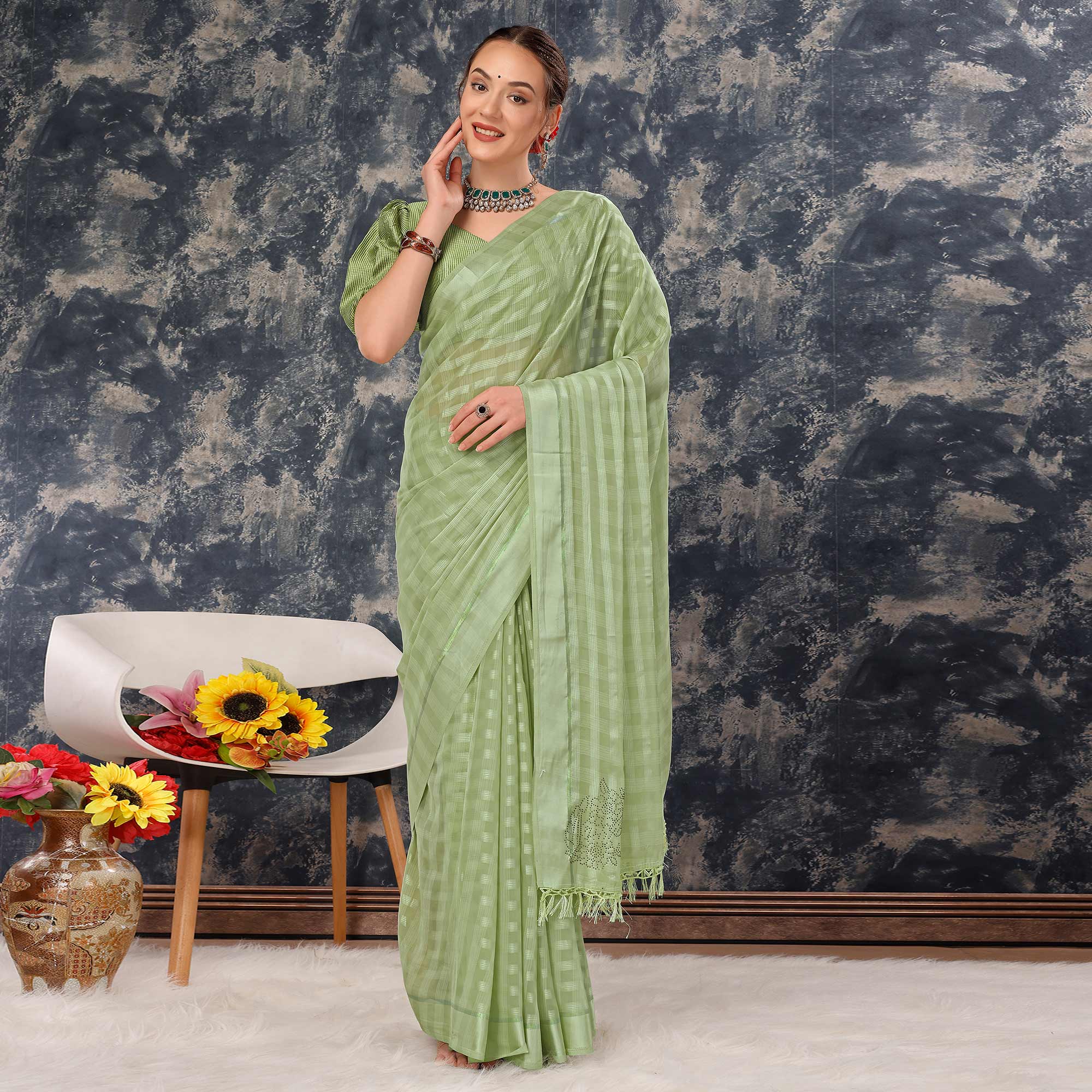 Green Swarovski Work Chiffon Saree With Tassels
