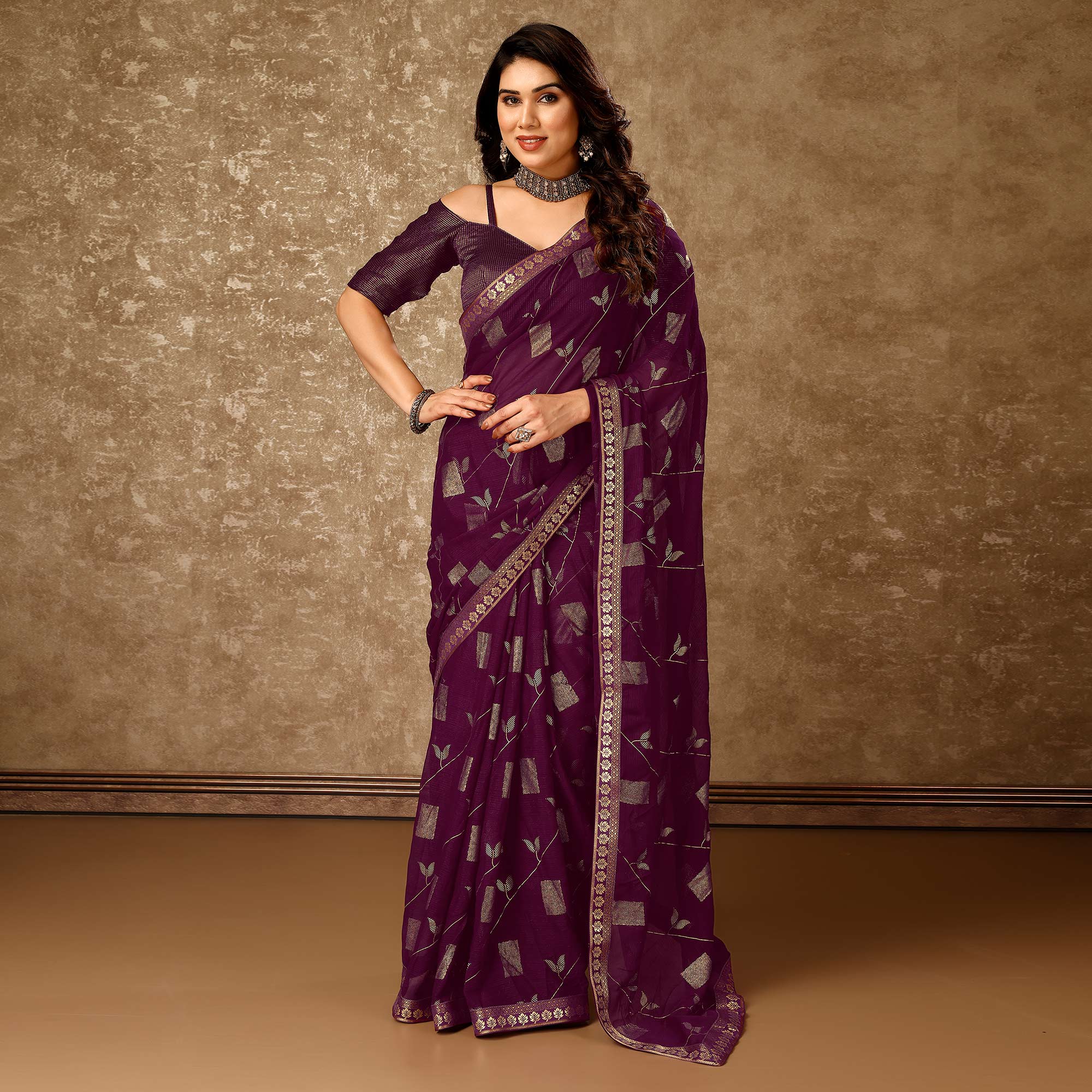 Purple Floral Foil Printed Chiffon Saree With Lace Border