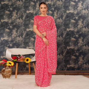 Pink Geometric Printed Chiffon Saree With Lace Border