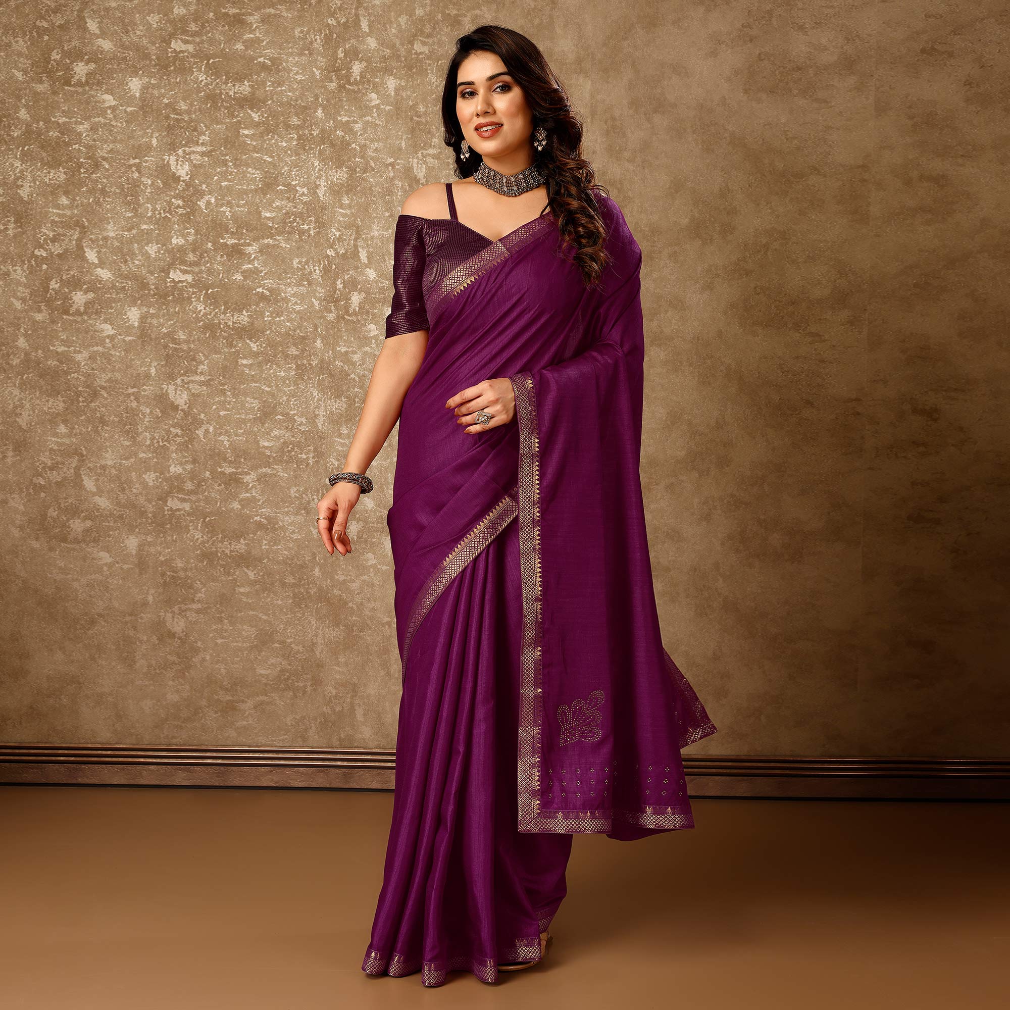 Purple Swarovski Work Vichitra Silk Saree With Lace Border