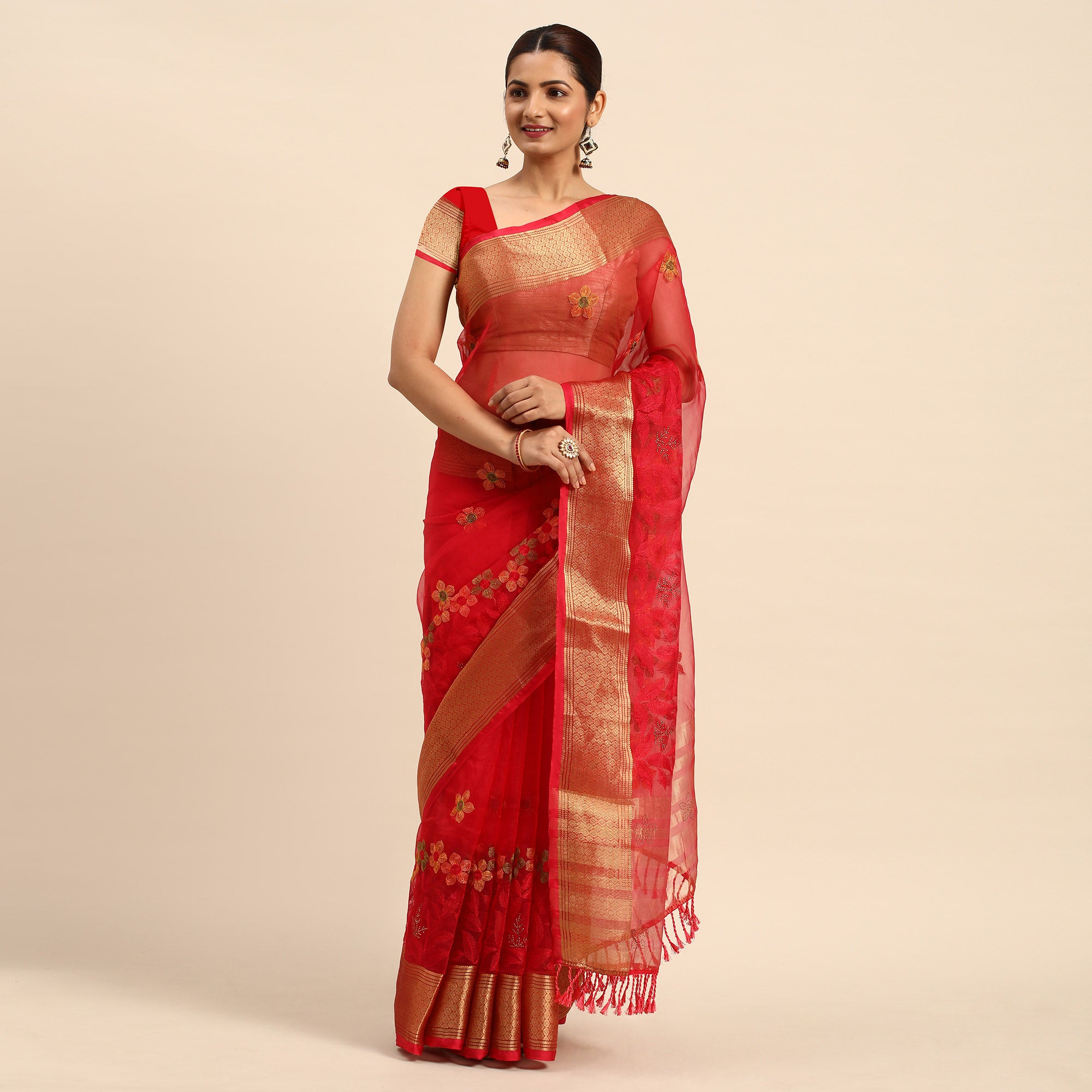 Pink Floral Embroidered Organza Saree
