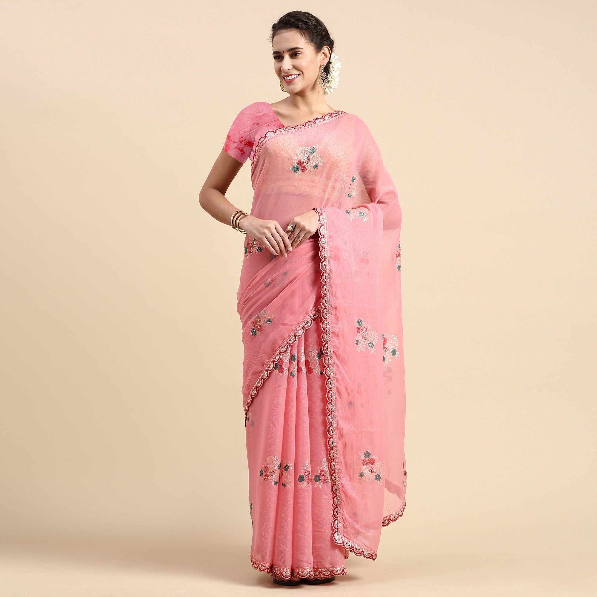 Pink Foil Printed With Swarovski Shimmer Chiffon Saree