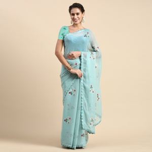 Blue Foil Printed With Swarovski Shimmer Chiffon Saree