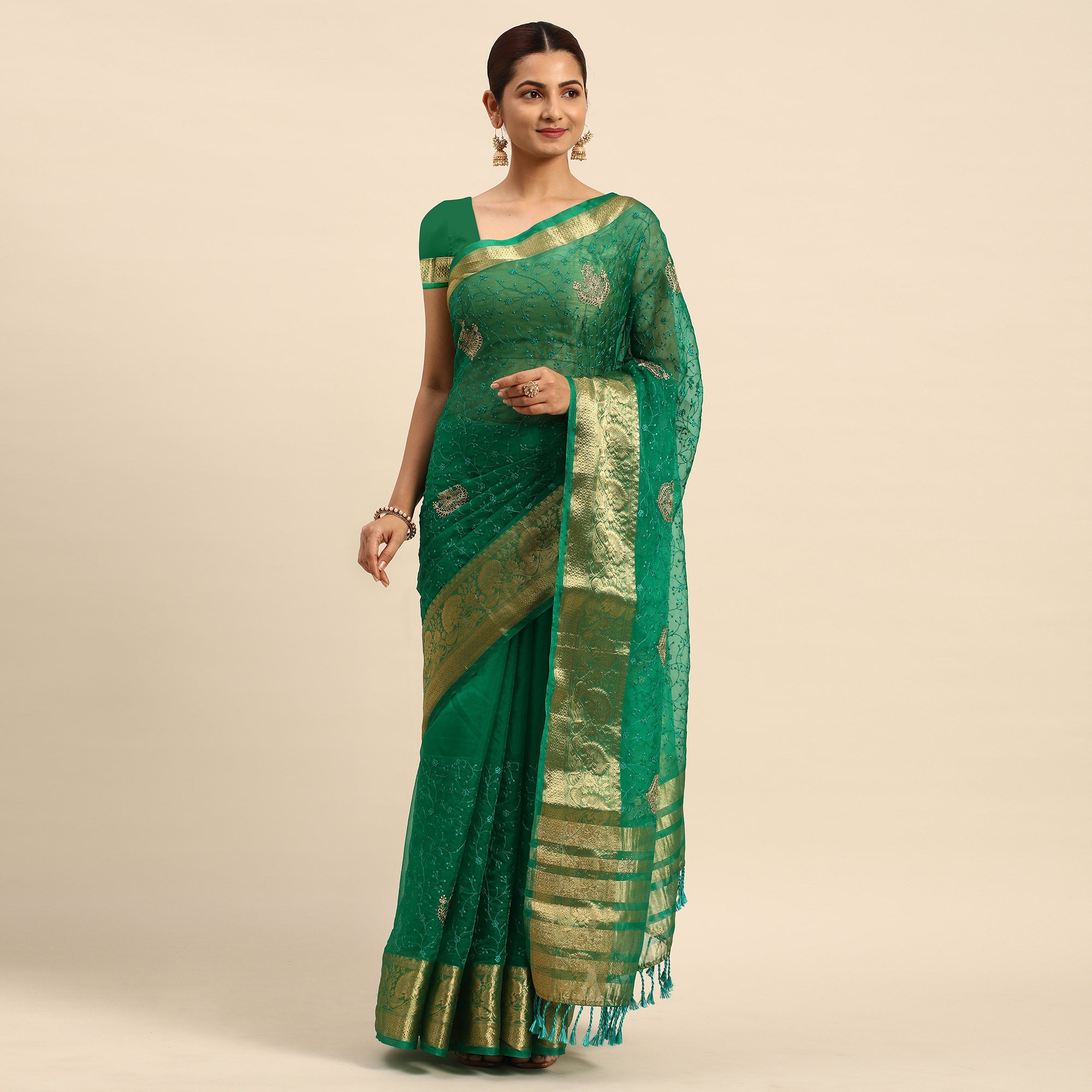 Green Floral Embroidered Organza Saree