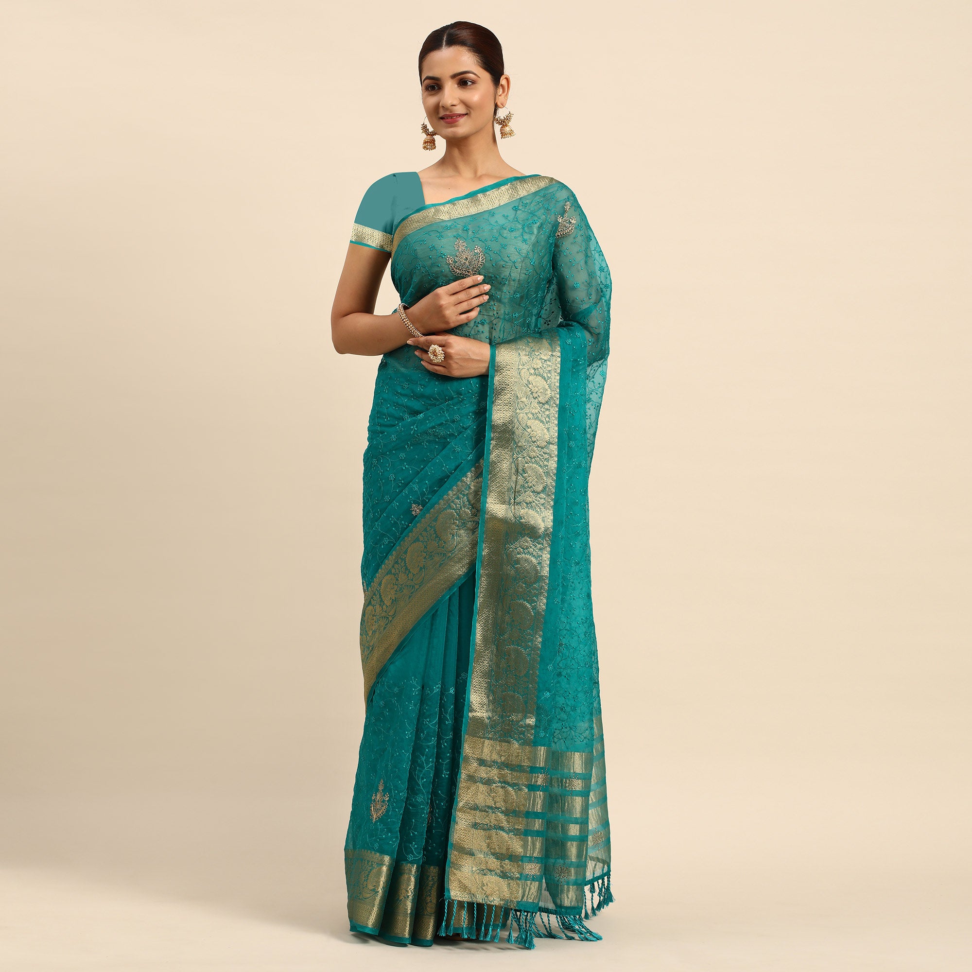 Turquoise Floral Embroidered Organza Saree