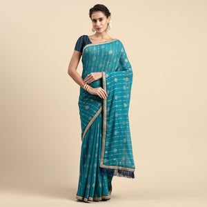 Blue Foil Printed With Fancy Border Zomato Silk Saree