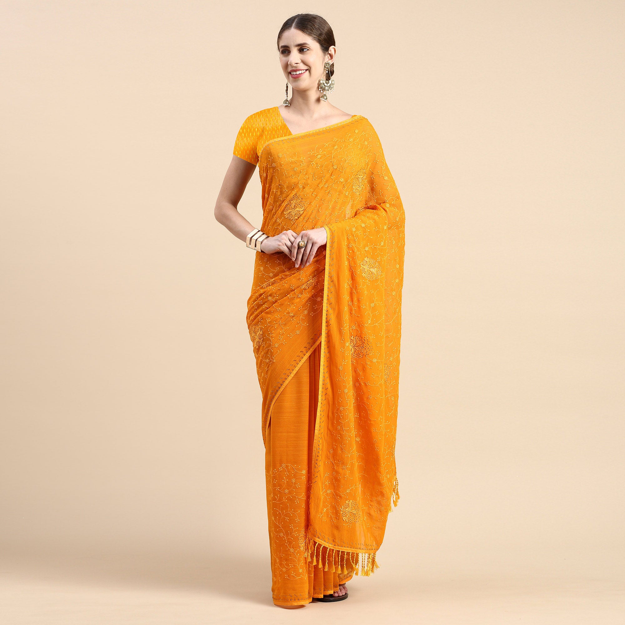 Yellow Floral Embroidered Zomato Silk Saree