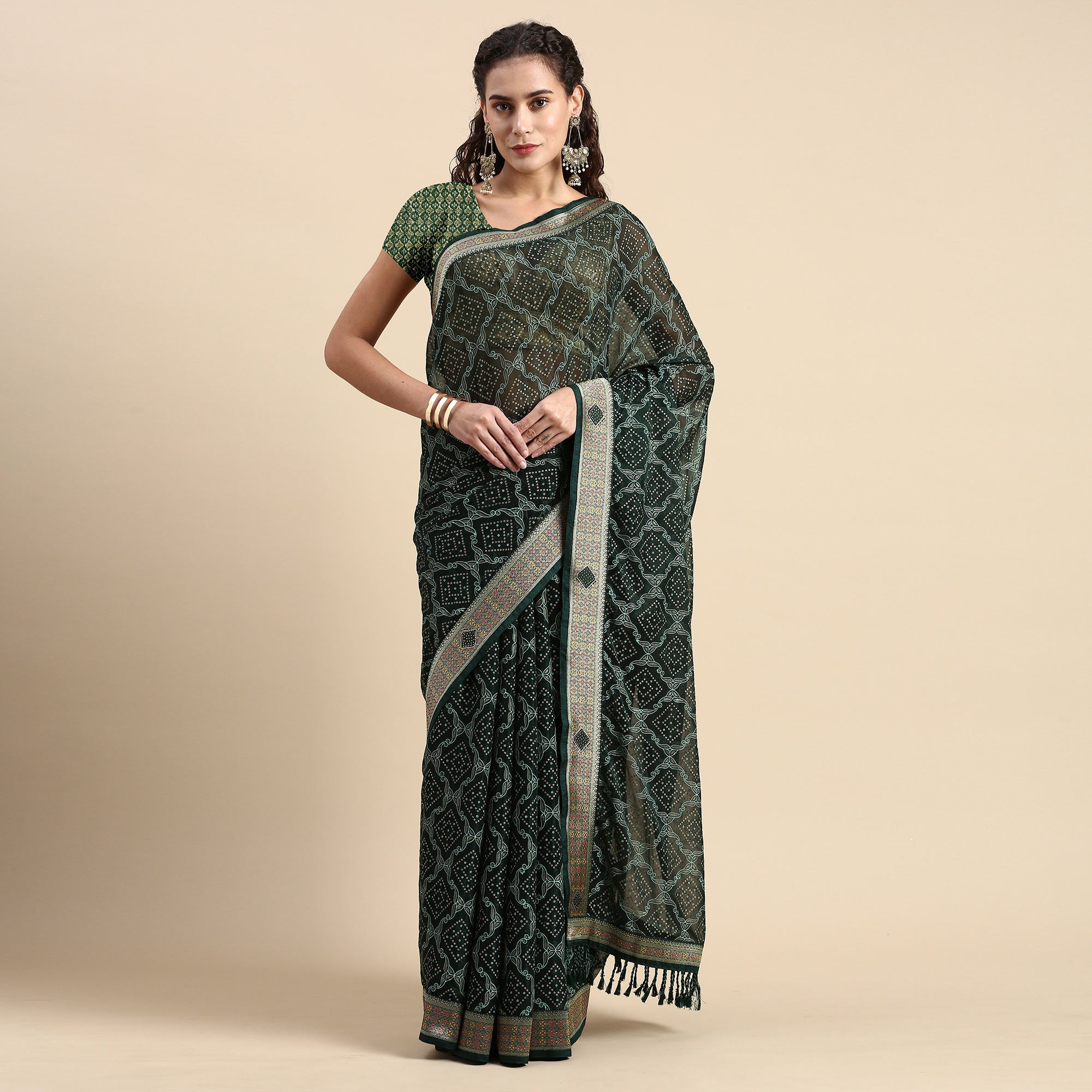 Green Foil Printed With Fancy Border Chiffon Saree