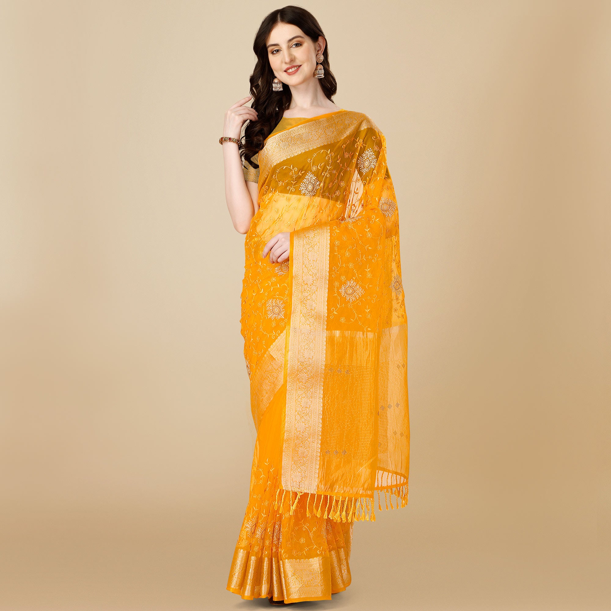 Yellow Floral Embroidered Organza Saree