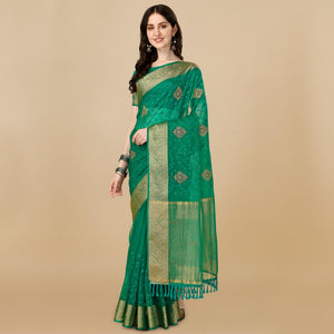 Green Floral Embroidered Organza Saree