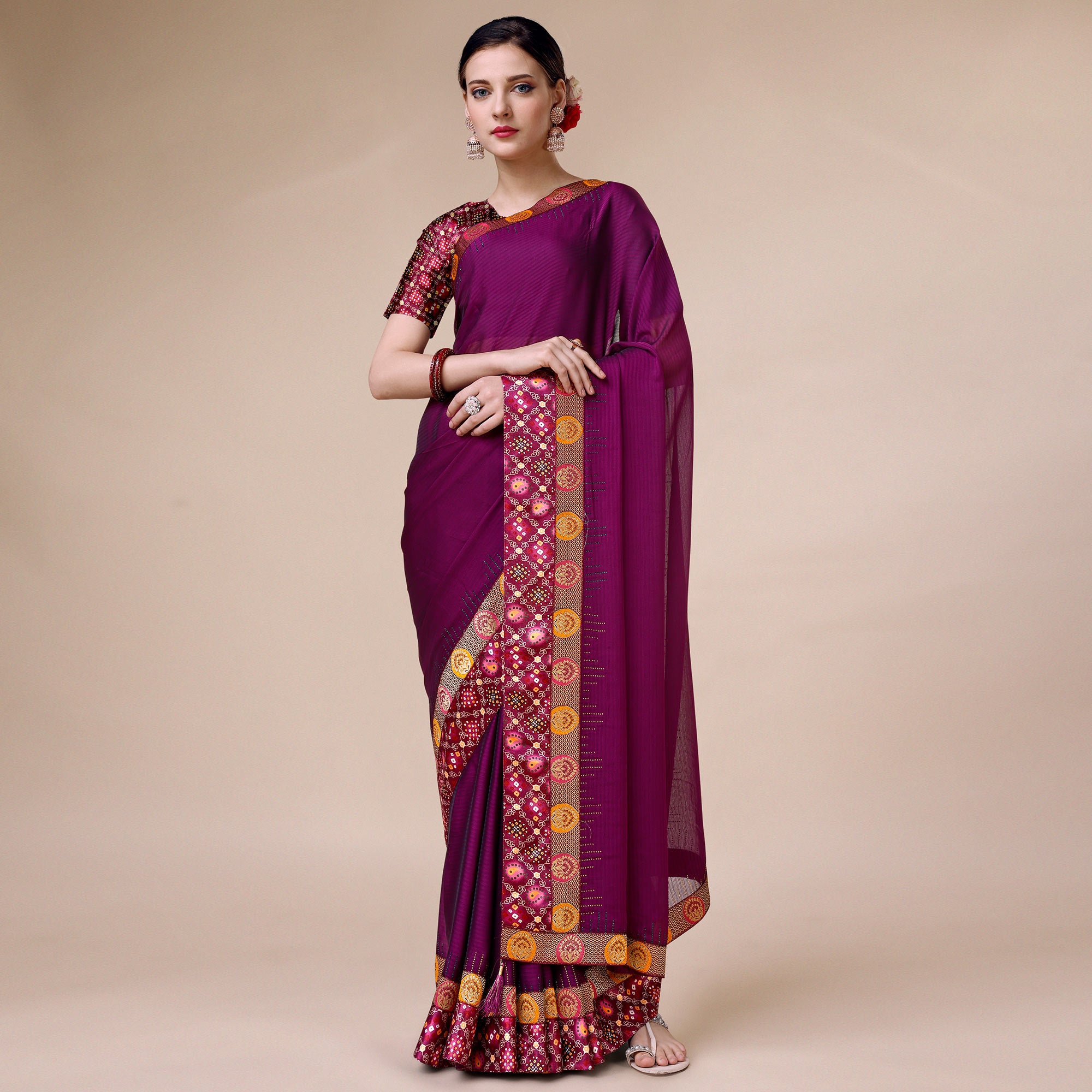 Purple Swarovski With Bandhani Printed Border Art Silk Saree