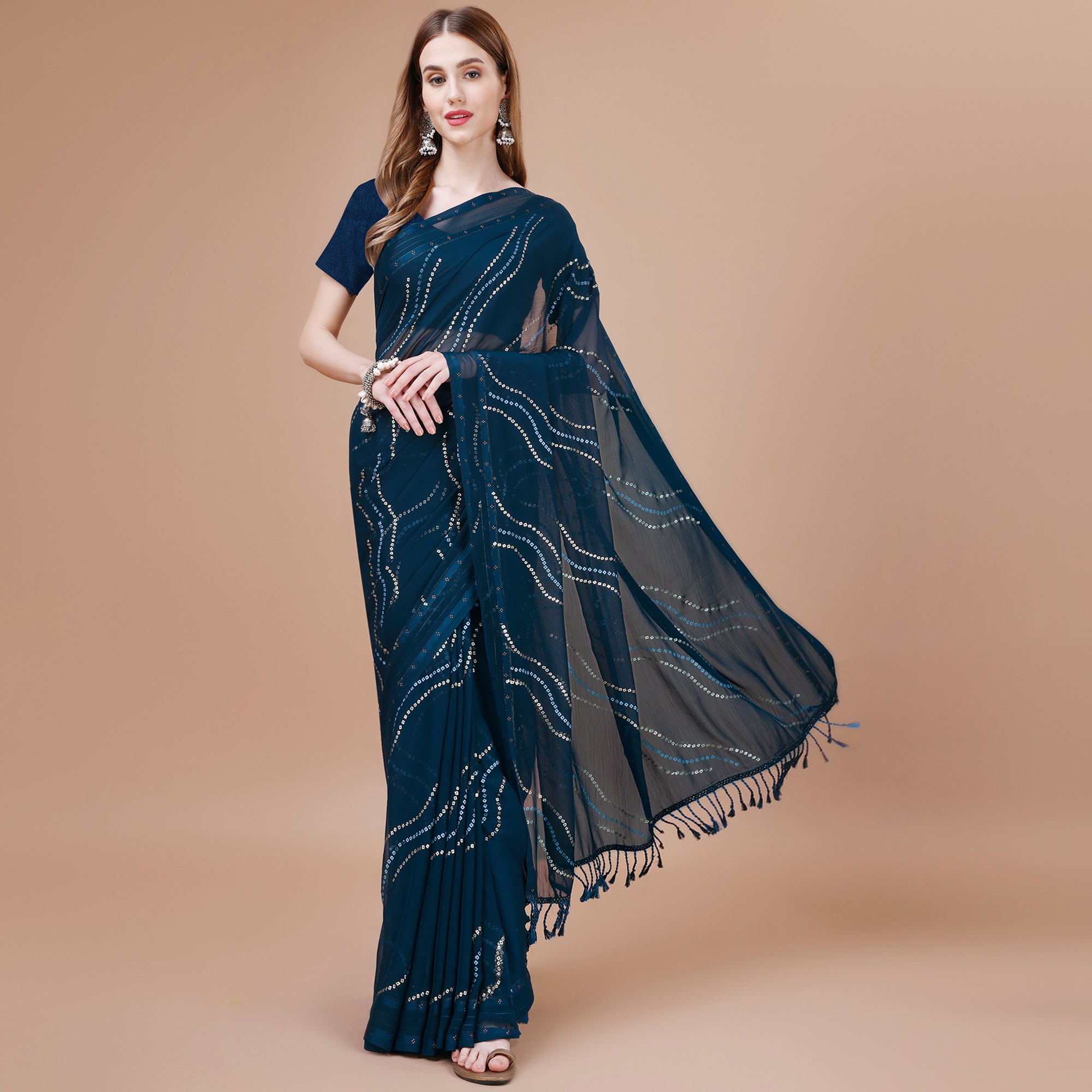 Blue Bandhani Printed Chiffon Saree With Tassels