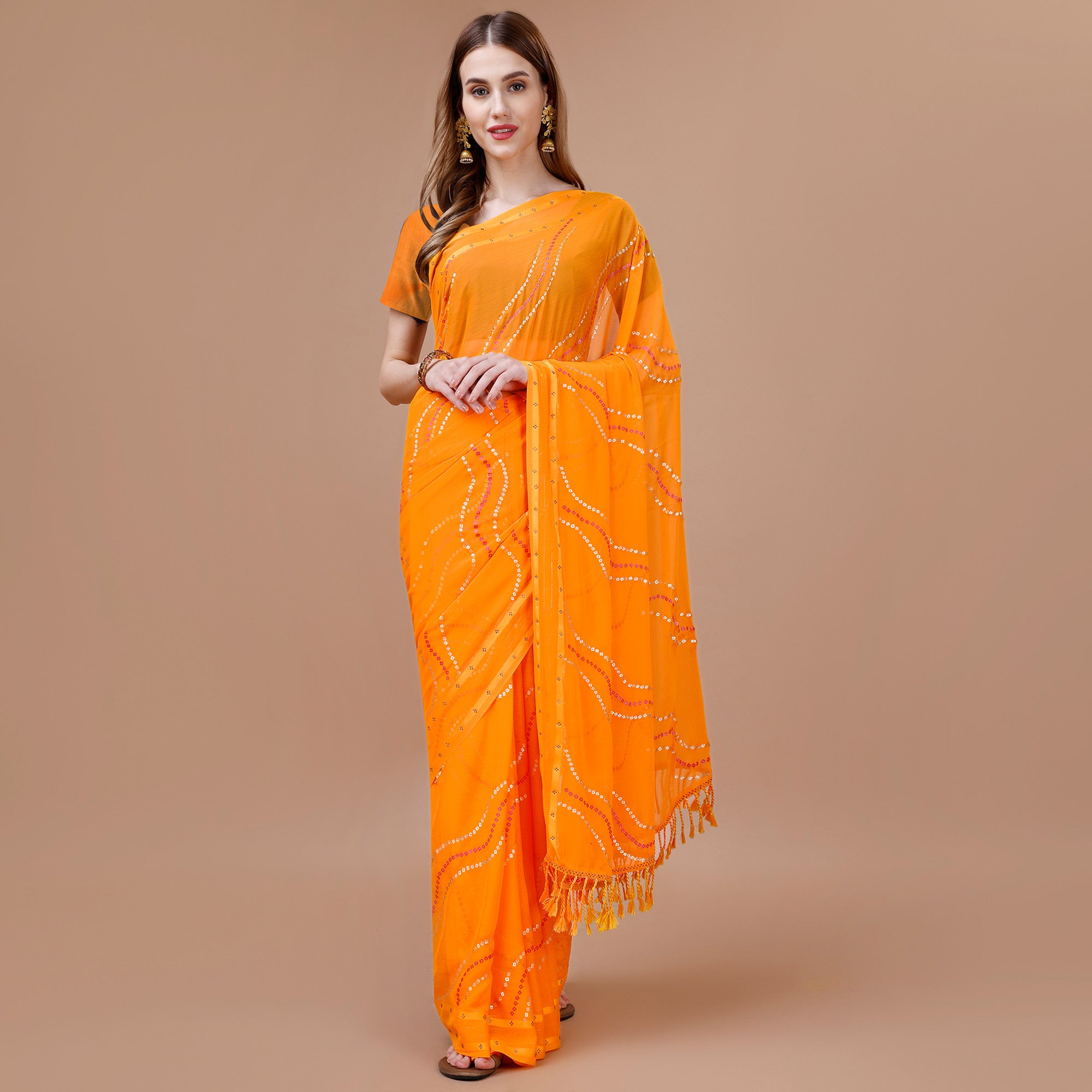 Orange Bandhani Printed Chiffon Saree With Tassels