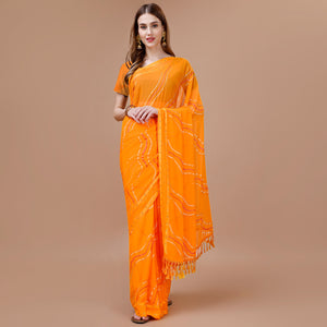 Orange Bandhani Printed Chiffon Saree With Tassels