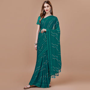 Teal Blue Bandhani Printed Chiffon Saree With Tassels