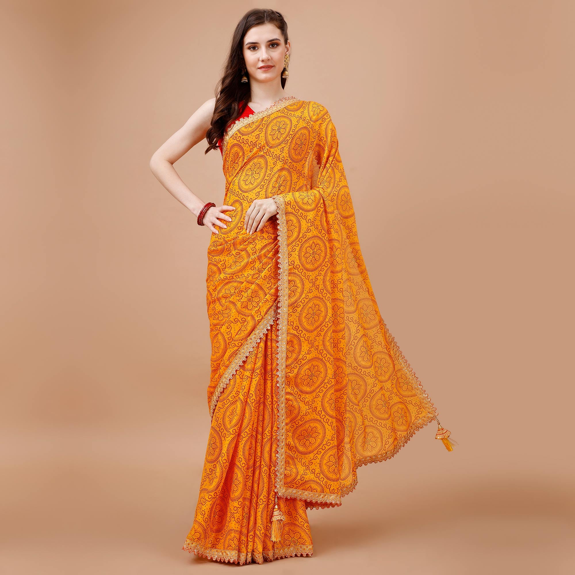 Yellow Bandhani Printed Chiffon Saree